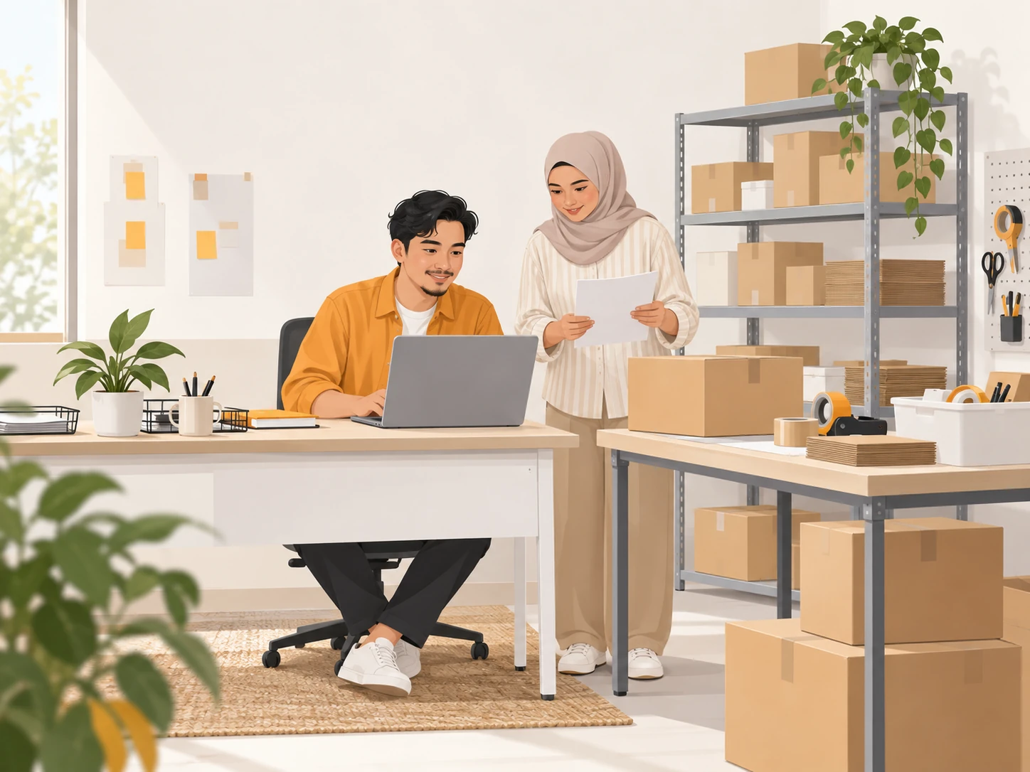 Illustration of colleagues reviewing an order in a packing area
