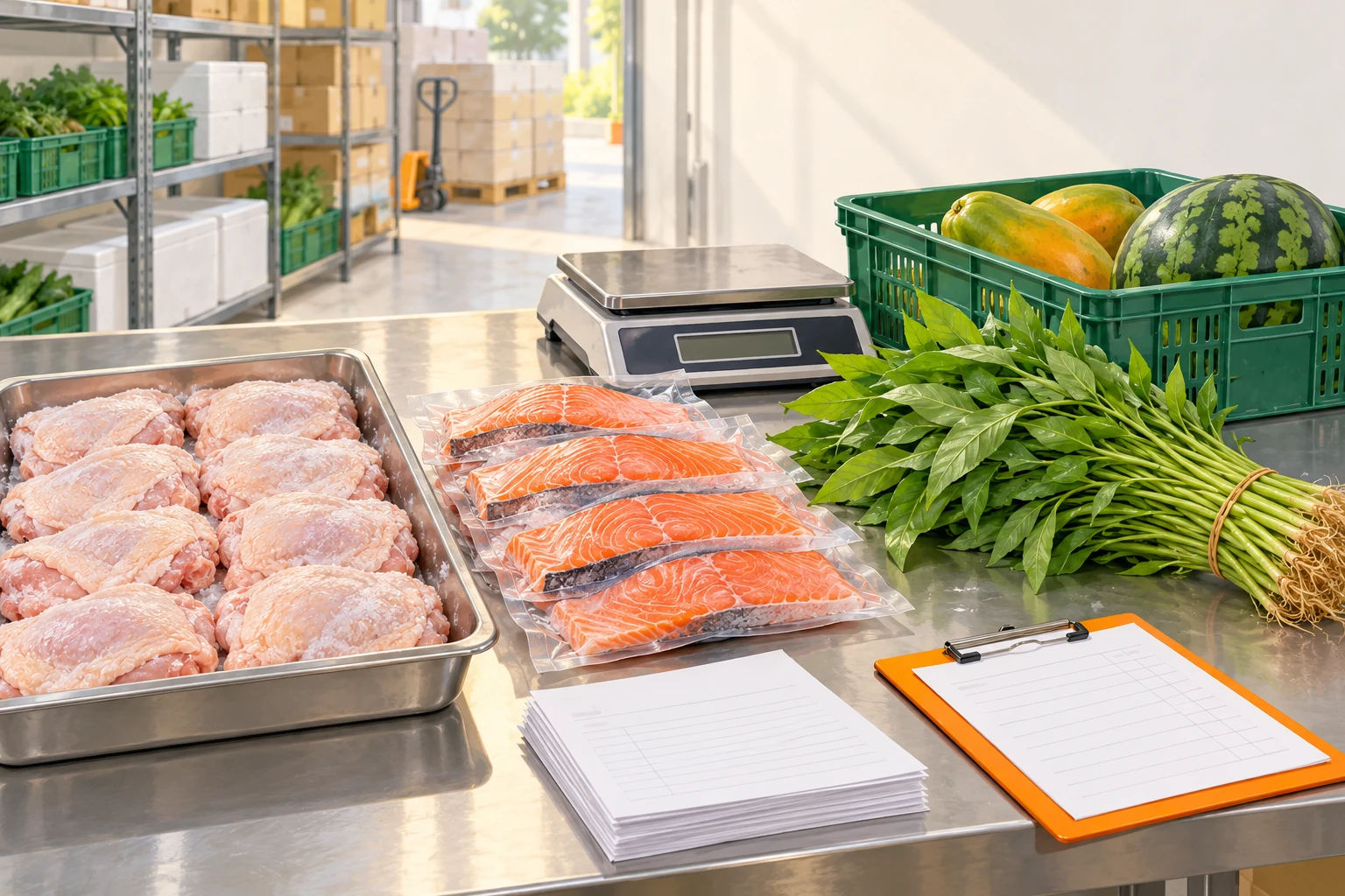 Illustration of frozen chicken, salmon, kangkung and fruit at a supplier’s picking bench